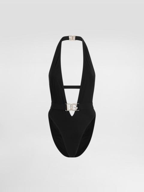 One-piece swimsuit with plunging neck and belt