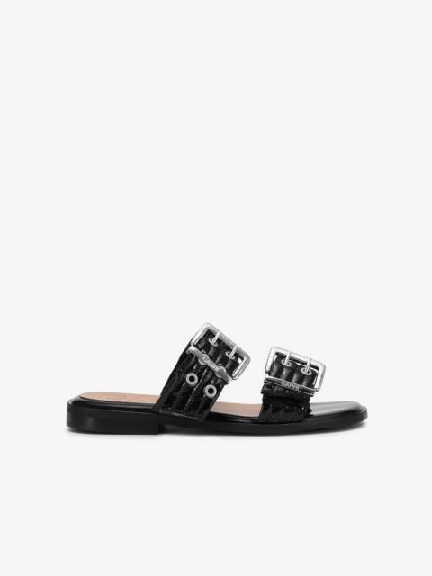 BLACK FEMININE BUCKLE TWO-STRAP SANDALS
