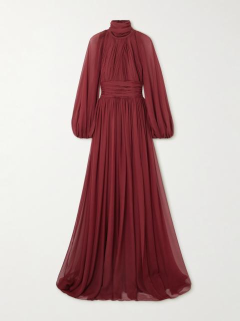 Pleated Silk-chiffon Turtleneck Gown