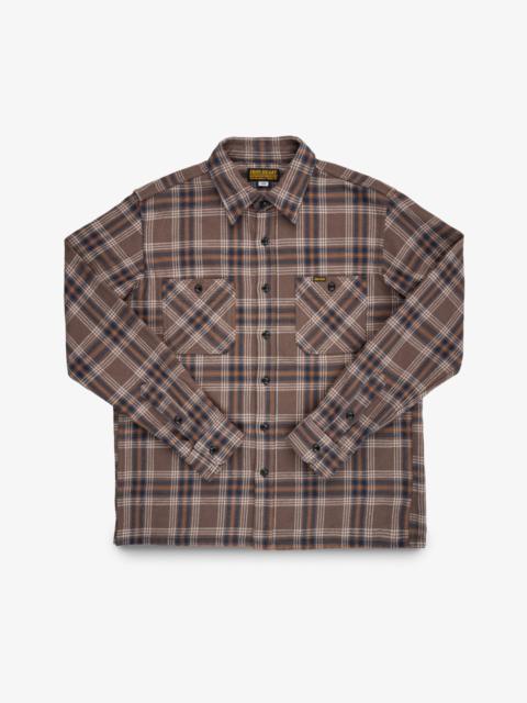 SLUBBY HEAVY FLANNEL CHECK WORK OVERSHIRT - BROWN