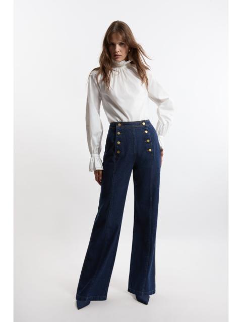 Denim Tailored Button Front Straight Leg Jeans