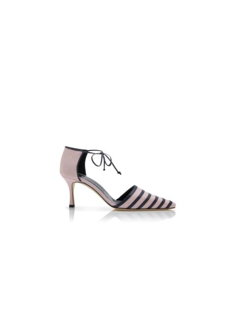 Light Pink And Black Linen Ankle Strap Pumps
