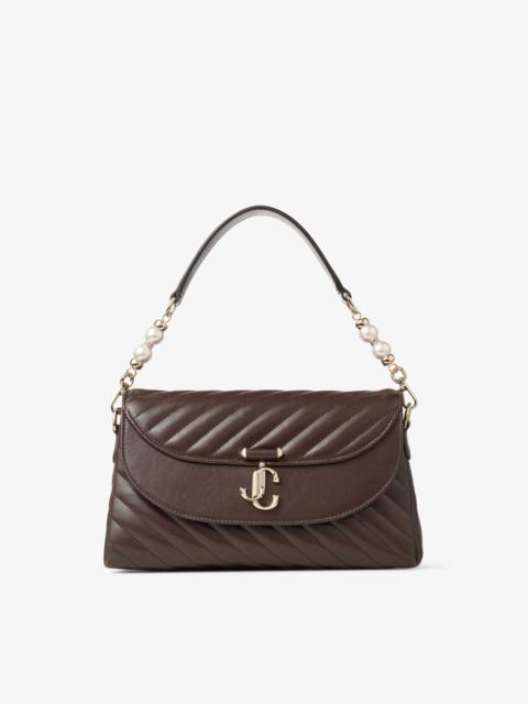 Curve Top Handle
Chocolate Quilted Biker Leather Shoulder Bag with Pearl Embellishments
