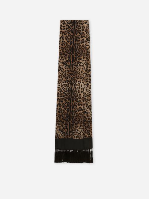 Leopard-print silk scarf with fringing