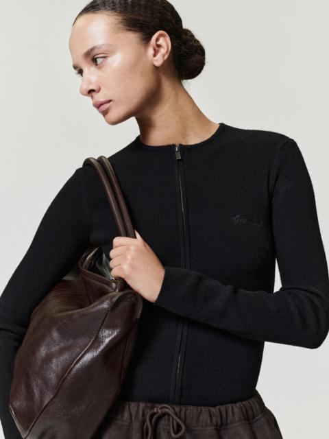 Womens Signature Rib Knit Fitted Long Sleeve Zip Up Tee