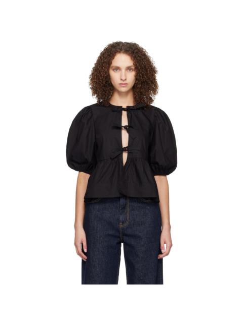Black Cotton Poplin Peplum Tie Blouse