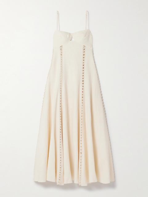 Catamaran Ventures Crochet-trimmed Embroidered Linen Midi Dress