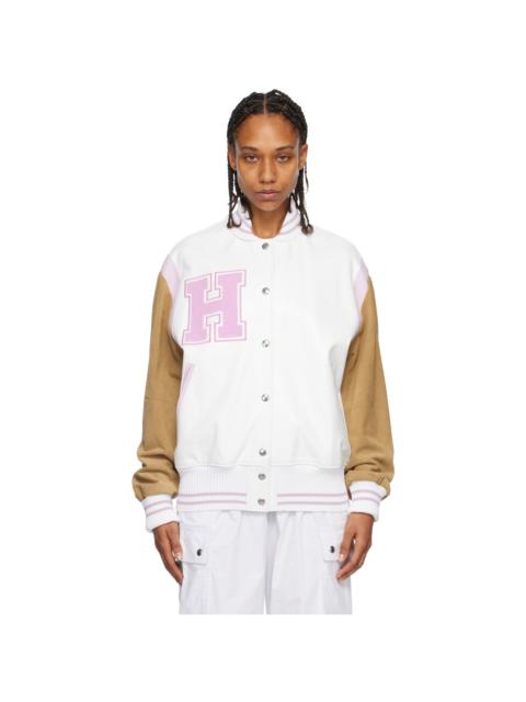 White & Pink Paneled Bomber Jacket