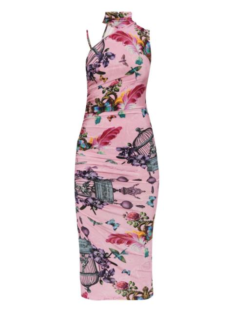 birdcage-print high-neck midi dress