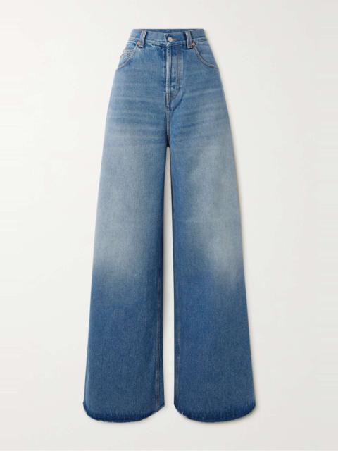 Horsebit-detailed frayed high-rise wide-leg jeans