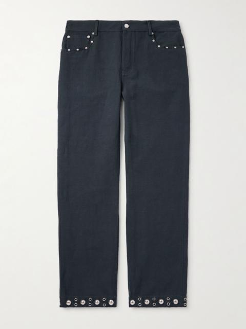 Straight-Leg Embellished Linen and Cotton-Blend Trousers Navy