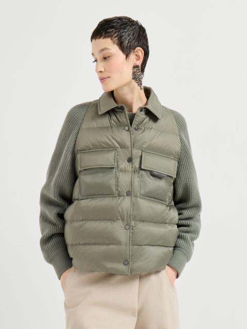 Water-resistant matte nylon down jacket with virgin wool, cashmere and silk knit sleeves and shiny z
