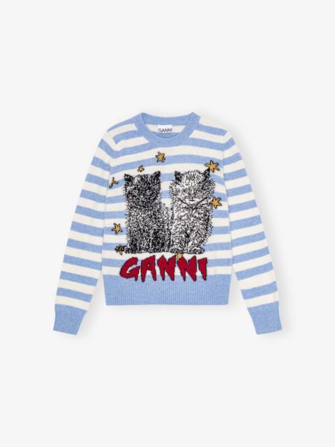 BLUE STRIPED GRAPHIC CAT SWEATER