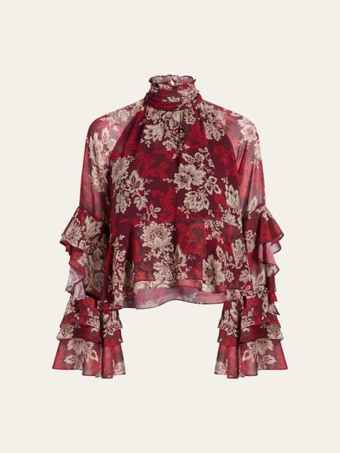 Gilded Paisley Tiered Ruffle-Sleeve Blouse