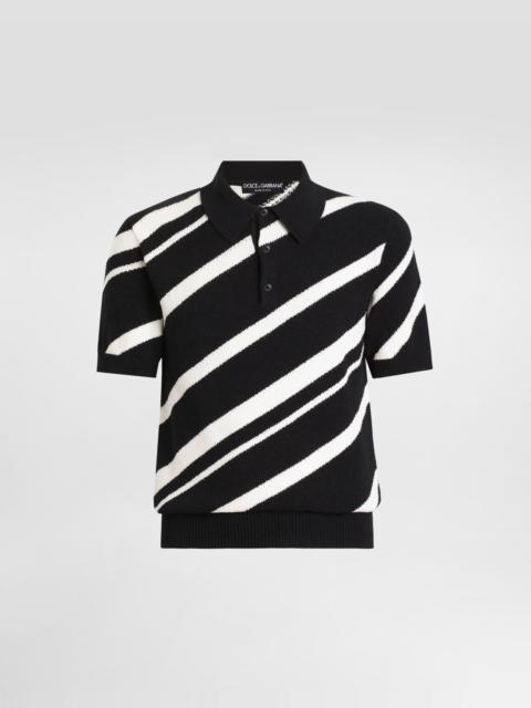 Short-sleeved cotton polo-shirt with striped inlay