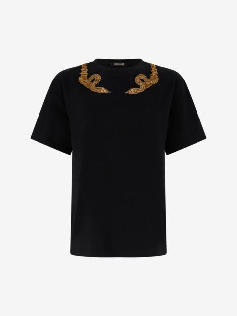 Black T-Shirt with Snake Embroidery