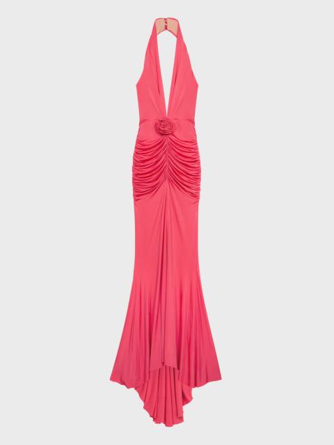 LONG SHINY JERSEY DRESS WITH ROSE