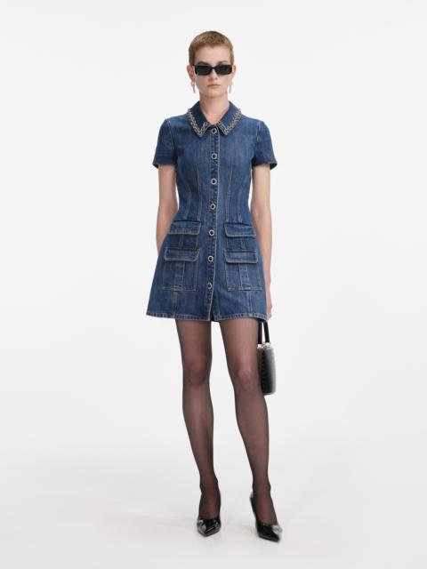 Denim Crystal Trim Collared Mini Dress