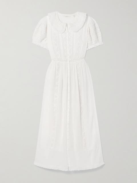 Phoebe Lace-trimmed Pintucked Organic Cotton-voile Midi Shirt Dress