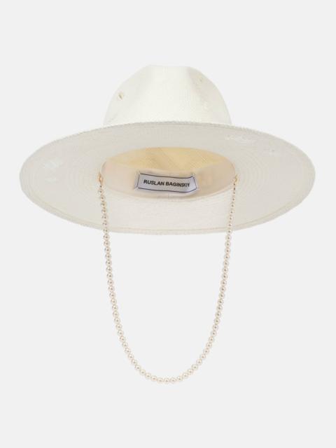 Faux pearl-embellished straw fedora