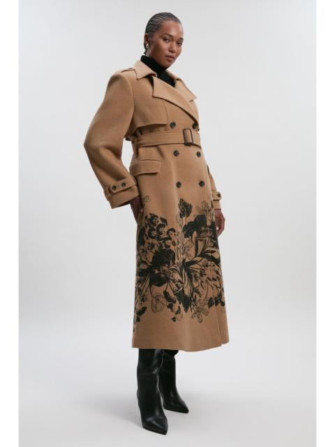 Plus size Wool Placement Print Tailored Double Breasted Belted Midi Coat
