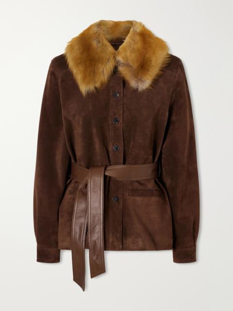 Belted Shearling And Leather-trimmed Suede Jacket
