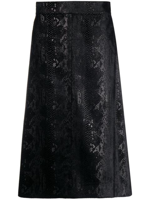 snakeskin-effect midi skirt