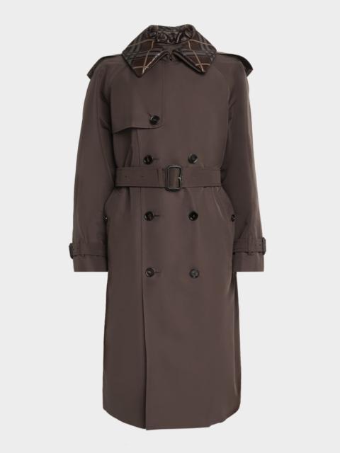 Men's Leather-Check Collar Silk and Cotton Trench Coat