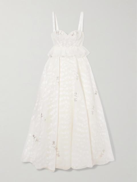 Ruffled Organza-trimmed Metallic Floral-jacquard Gown