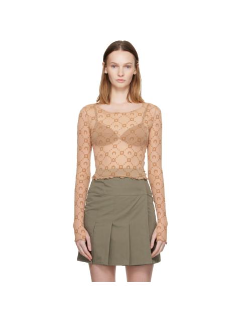 Tan Moonogram Mesh Flock LS Cropped Top