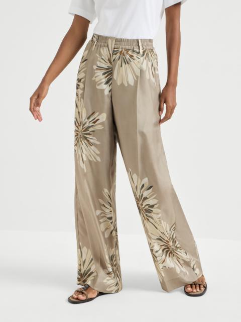 Silk bloom print pongee sartorial track trousers with monili