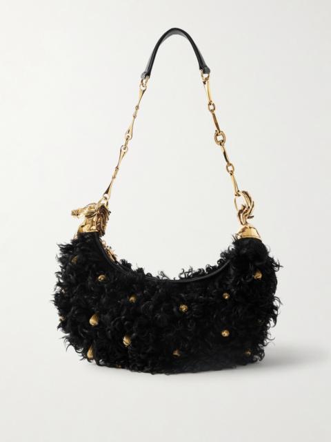 Chain Horse Embellished Shearling Shoulder Bag
