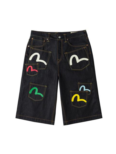 Seagull Print and Multi-Pocket Fashion Fit Denim Shorts