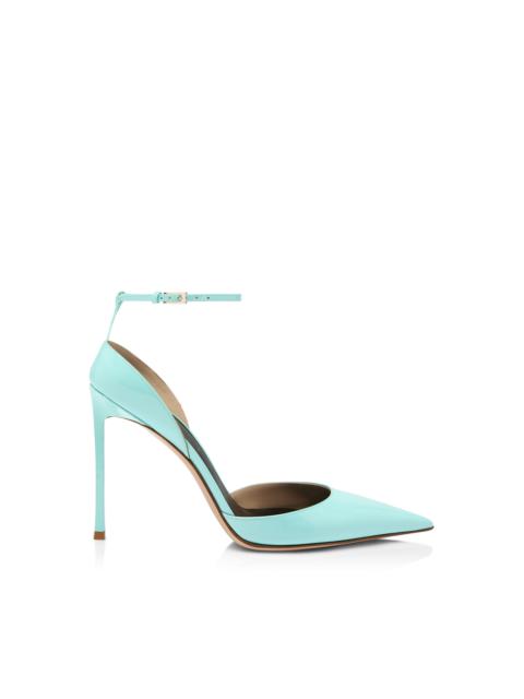 PATENT LEATHER VERTIGO ANKLE STRAP PUMP