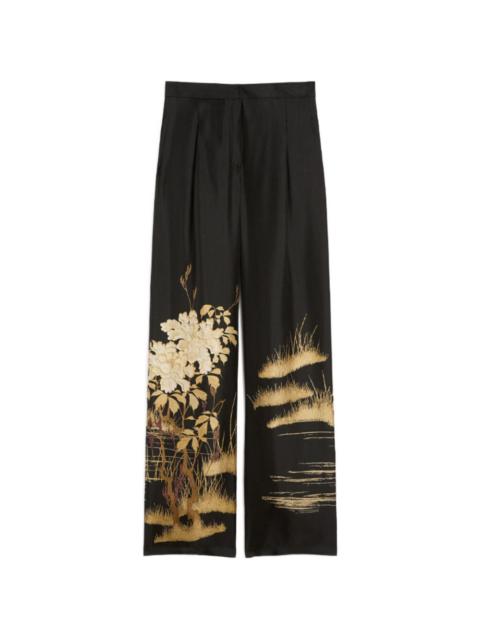 fluid printed silk trousers