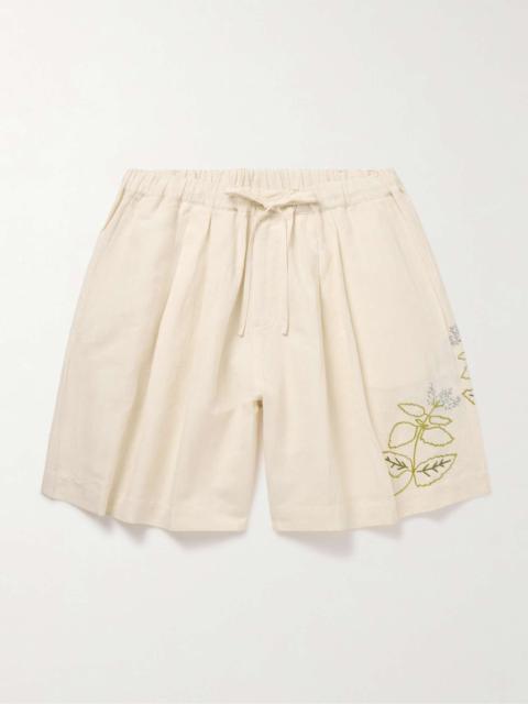 Bridge Wide-Leg Embroidered Cotton and Linen-Blend Drawstring Shorts