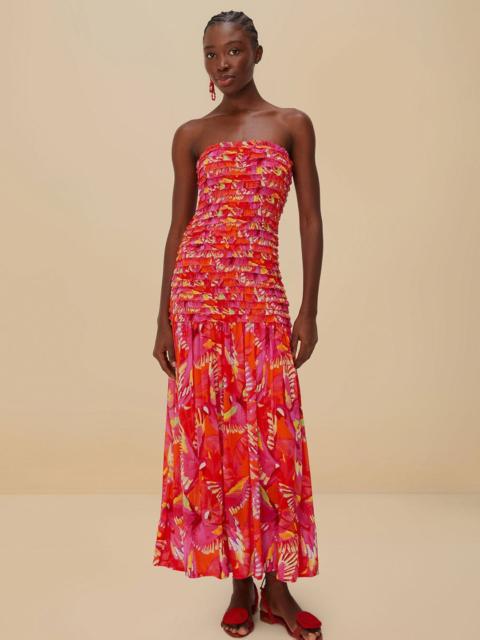 Orange Flying Birds Strapless Midi Dress