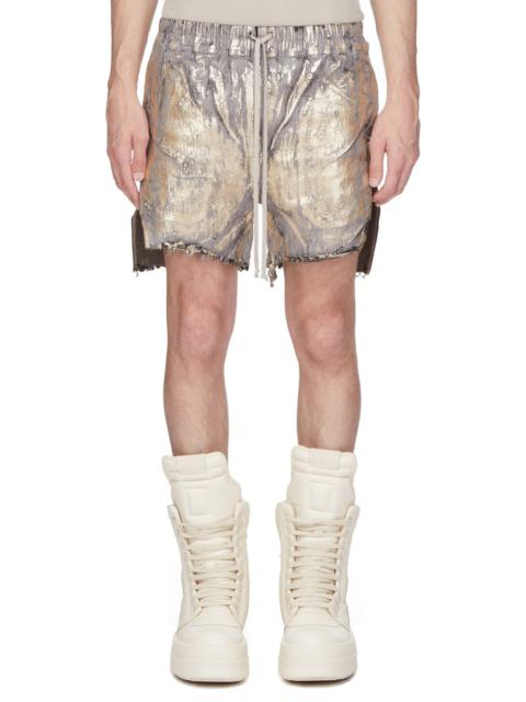 Blister Straight-Leg Frayed Metallic Megacrust Stretch-Denim Drawstring Shorts