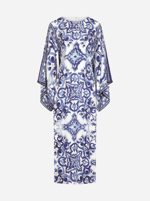 Long majolica-print charmeuse dress