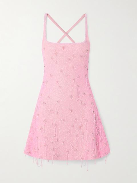 Embellished Stretch-mesh Mini Dress