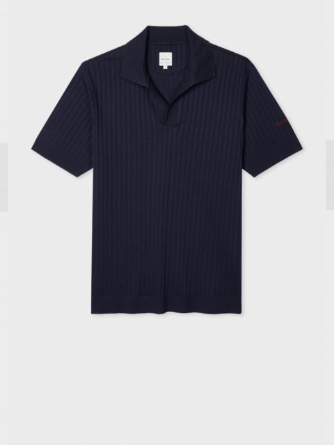 Navy Ribbed Cotton Open-Collar Polo Shirt