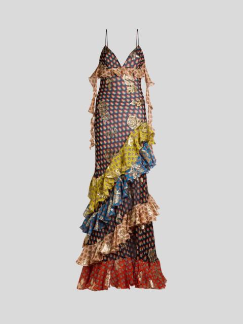 LONG SILK DRESS WITH FIL COUPÉ ROSES AND TIE-INSPIRED MOTIF