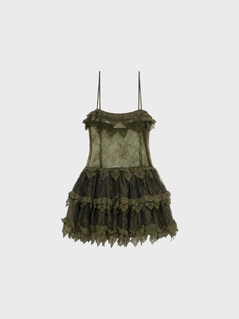 SHORT CHANTILLY LACE DRESS WITH RUFFLES AND SCALLOPED EDGES