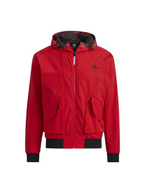 Men's adidas Logo Printing Solid Color Hooded Long Sleeves Jacket Red HC0267