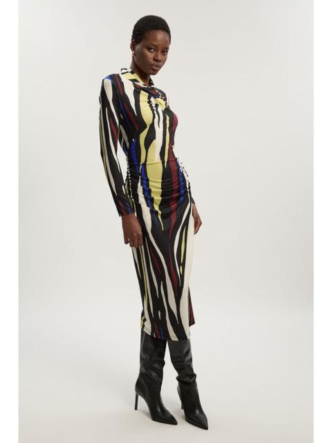Abstract Zebra Print Ruched Detail High Neck Long Sleeve Crepe Midi Dress