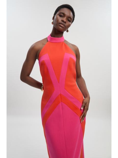 Compact Stretch Colour Block Tailored Halter Neck Midi Dress