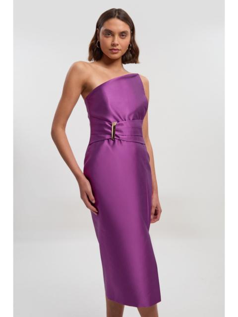 Satin Twill Trim Detail Structured Asymmetric Neck Tailored Midi Dress