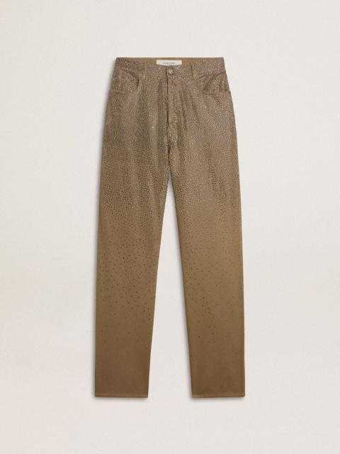 Women's khaki cotton pants with gradient Swarovski effect