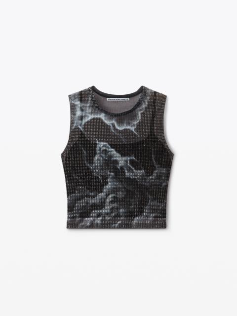 crystal hotfix cloud-print tank in organza jersey