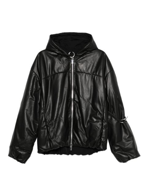 hooded puffer leather coat